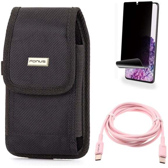Case Belt Clip w Privacy Screen Protector w Pink 6ft Long Cable for Samsung Galaxy S20 Plus - Rugged Holster Canvas, TPU Film [NOT GLASS] [Fingerprint Works], USB-C to Type-C PD fits Galaxy S20 Plus
