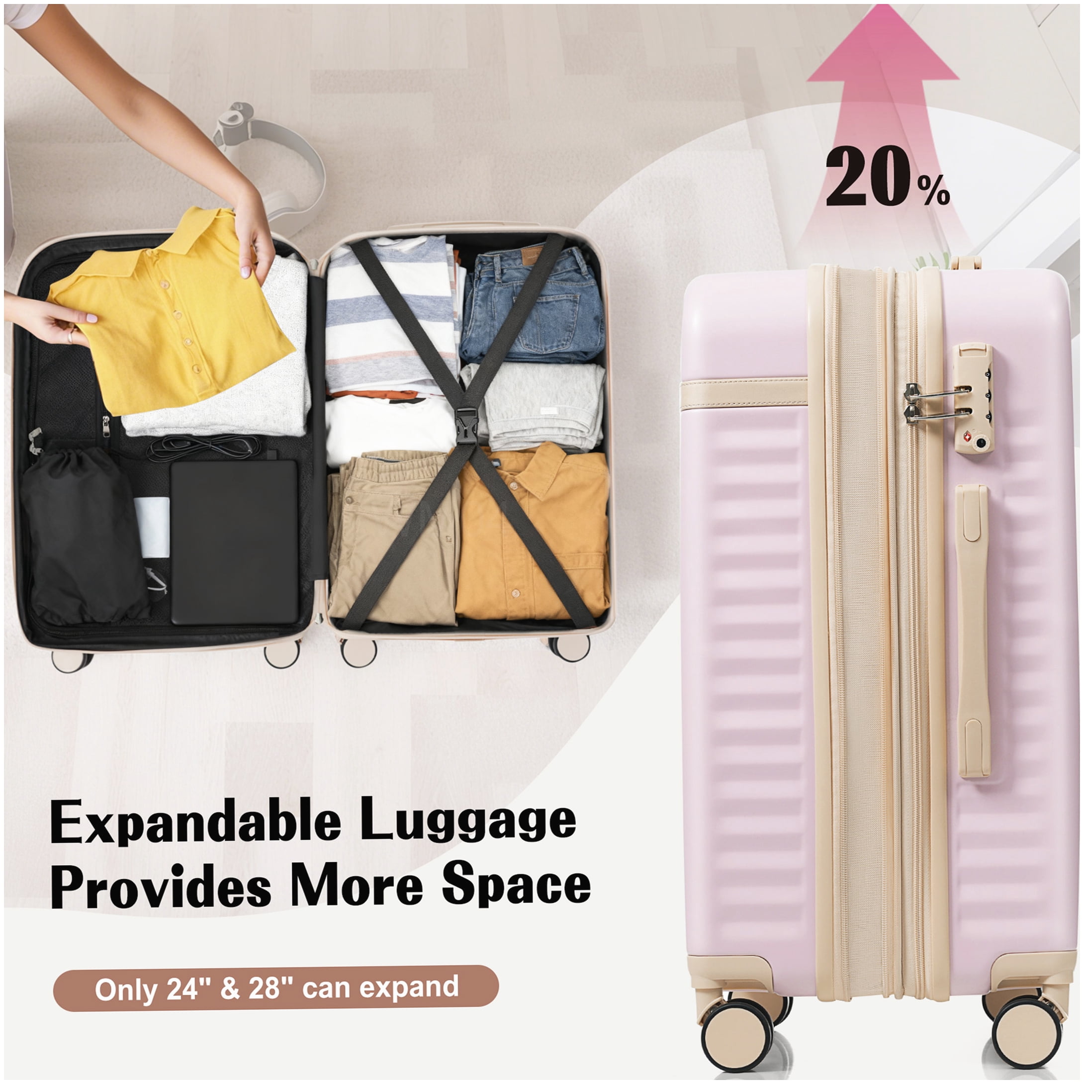 MANGIJOY Airline Approved Carry-On Luggage Set with USB Port, Front Opening Design, Light Pink ABS Hardshell &; 360 Spinner Wheels, 3-Piece