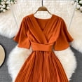thumbnail image 2 of YM YOUMU Women Faux Wrap V Neck Flutter Short Sleeve Tie Waist Elegant Pleated Midi Flowy Party Dress, 2 of 3