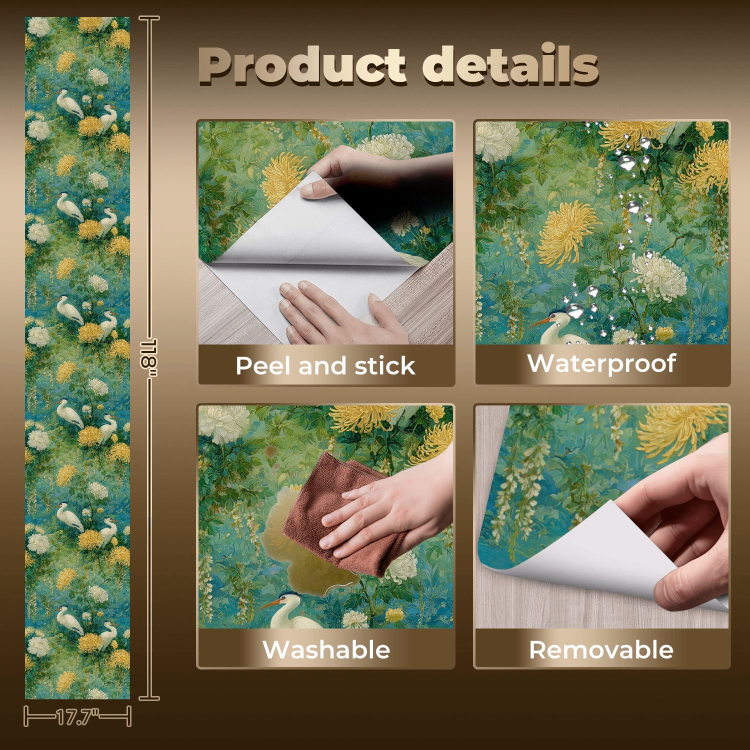 Boho Peel and Stick Wallpaper White Cranes Golden Chrysanthemums Teal Garden Wall Mural 17.7in x 9.8ft Self Adhesive Removable Wall Paper Renter Friendly Wallpaper for Bedroom Kitchen Farm