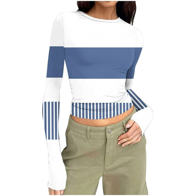 Kaemgyyd Womens Long Sleeve Shirts Fall Fashion Striped Basic Tops Going out Workout Outfits Plus Size Spring Clothes