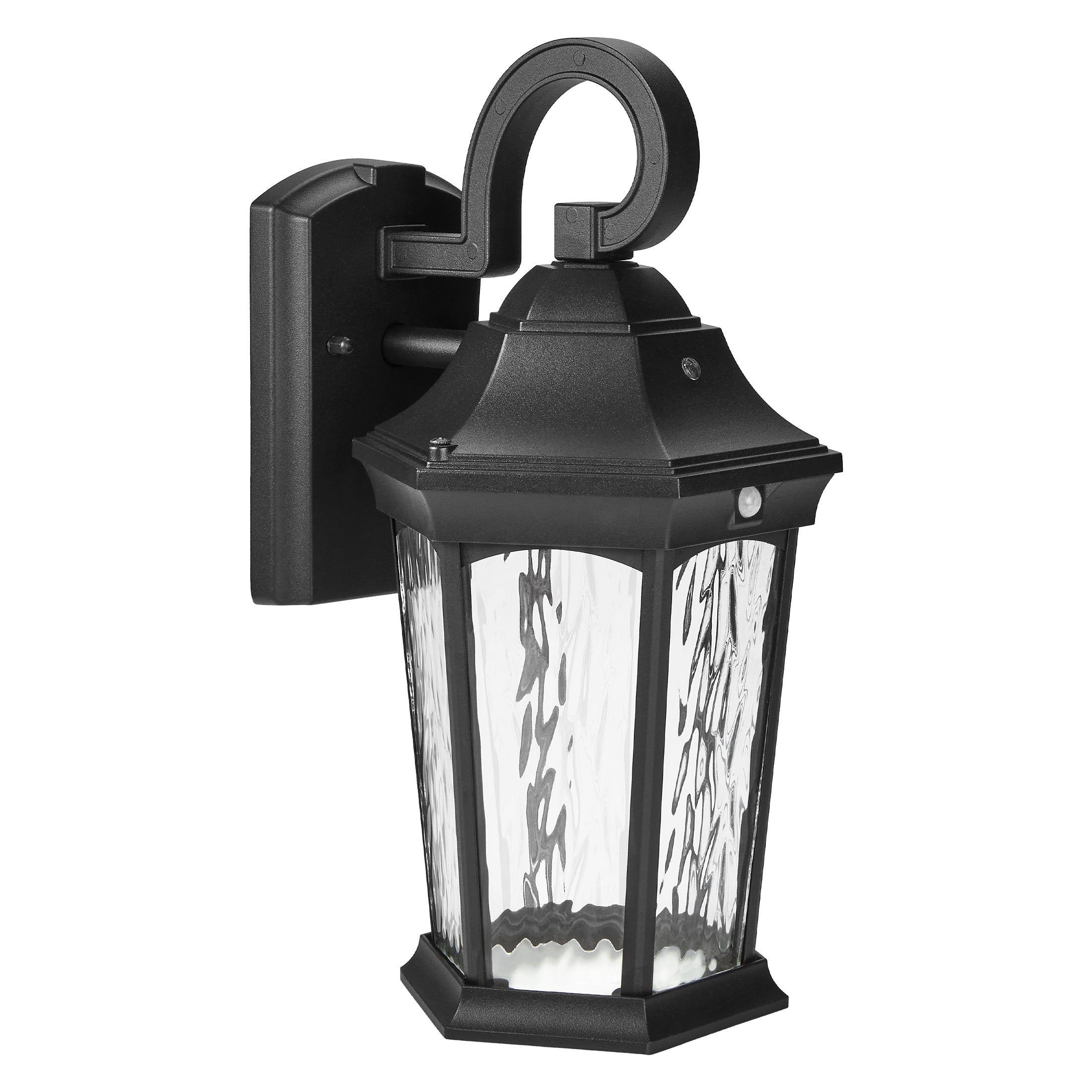 Maxxima LED Motion Sensor Outdoor Wall Light, Dusk to Dawn Sensor, Black w/ Clear Water Glass, 800 Lumens, 3000K Warm White
