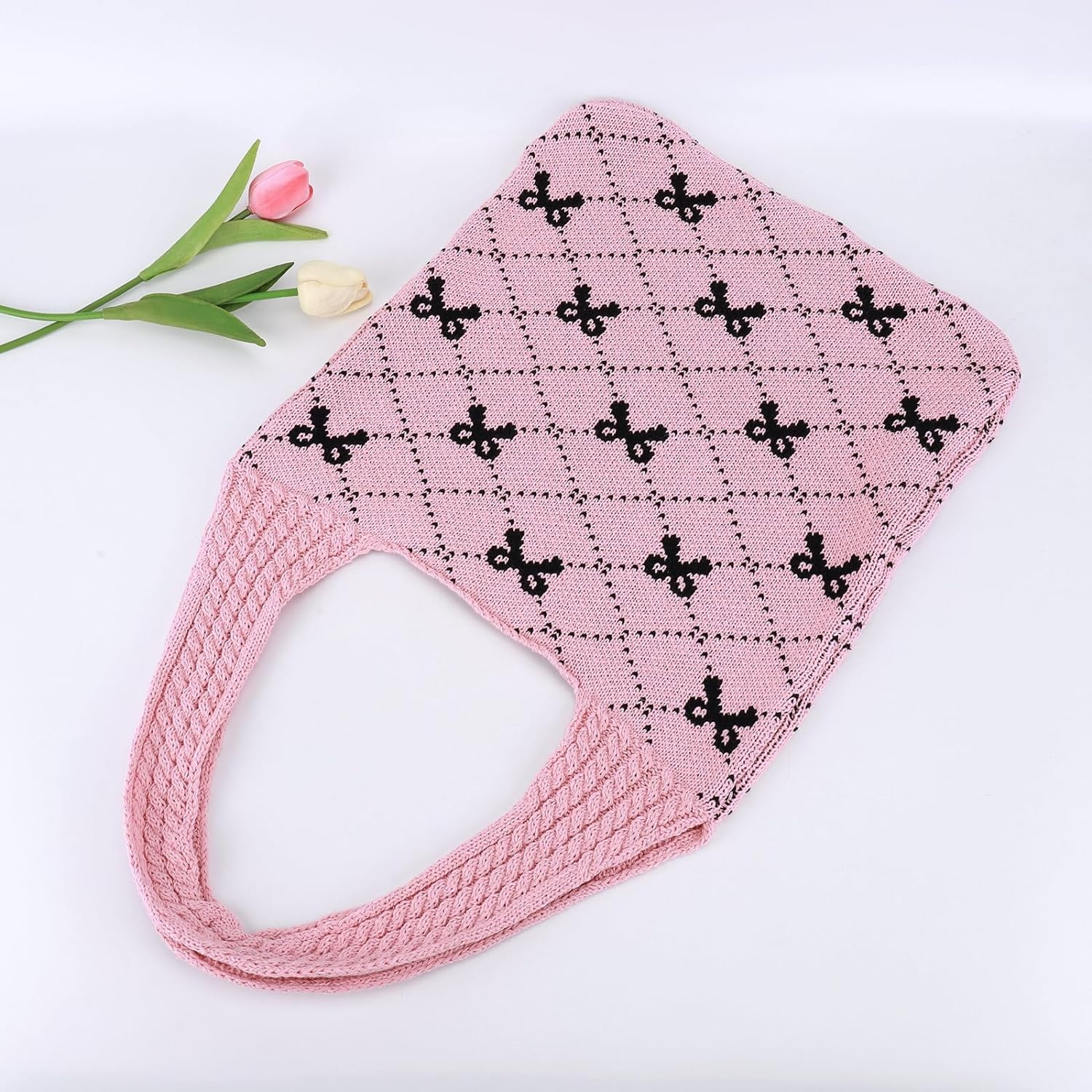 NANAHuang Crochet Tote Bag Y2k Bow Purse for Women Coquette Aesthetic Hobo Bag Cute Shoulder Handbag Knitted Tote Bow Printed Bag