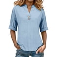 thumbnail image 5 of VJGBEGW Women Cotton Linen Tunic Tops Casual Half Sleeve 1/4 Button V Neck Shirts Loose Fit Summer Beach Vacation Blouse Light Blue L, 5 of 9