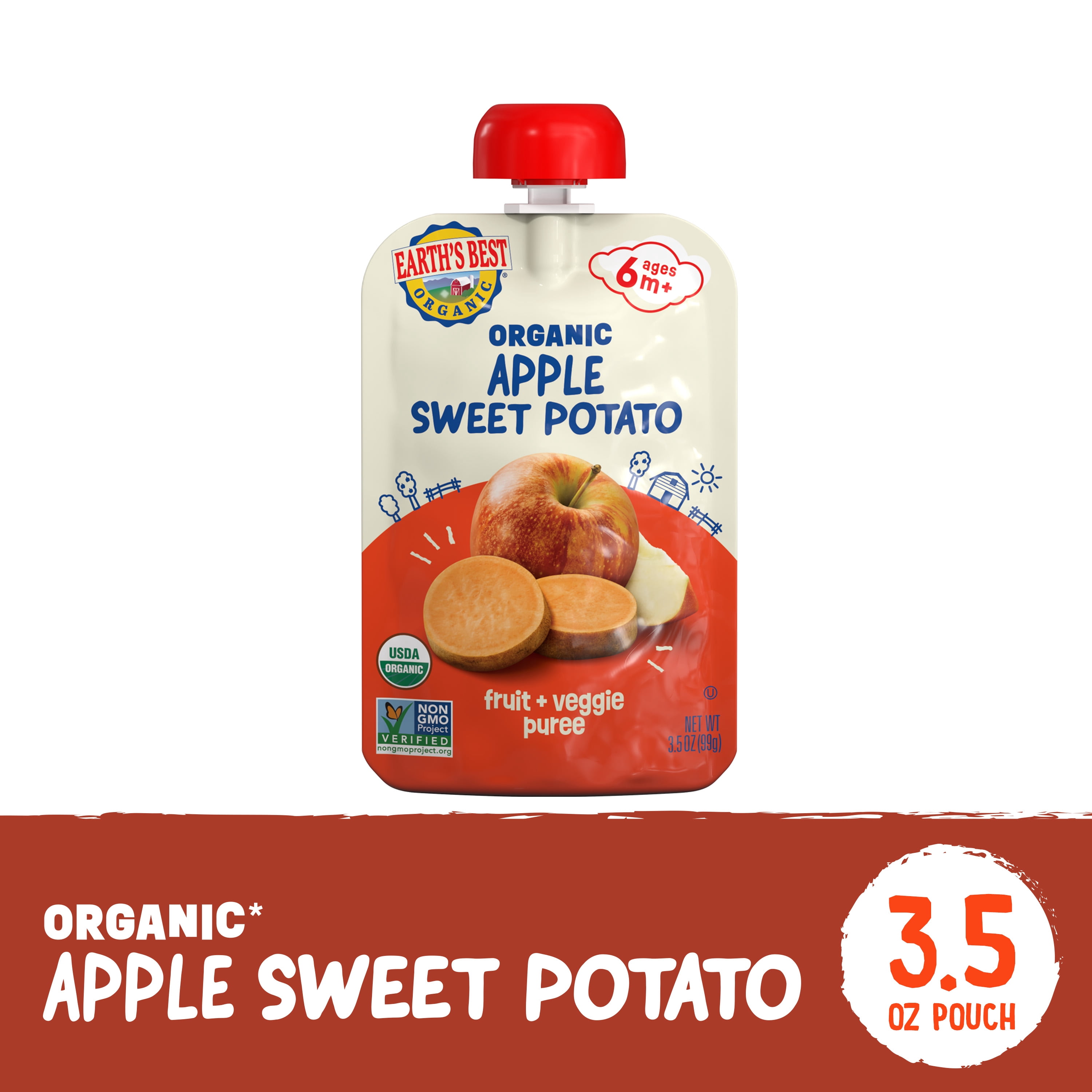 (12 pack) Earth's Best Organic Stage 2 Baby Food, Apple Sweet Potato Puree, 3.5 oz Pouch