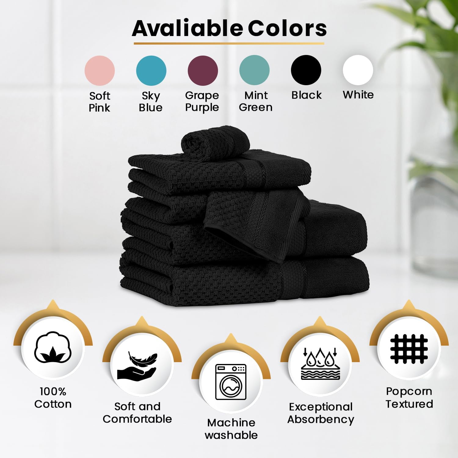 Ample Decor 100% Cotton Black Hand Towel for Bathroom Set of 8- Super Soft, Quick-Dry, Highly Absorbent, Popcorn Textured - Mulaayam Collection - 18 X 28 inch