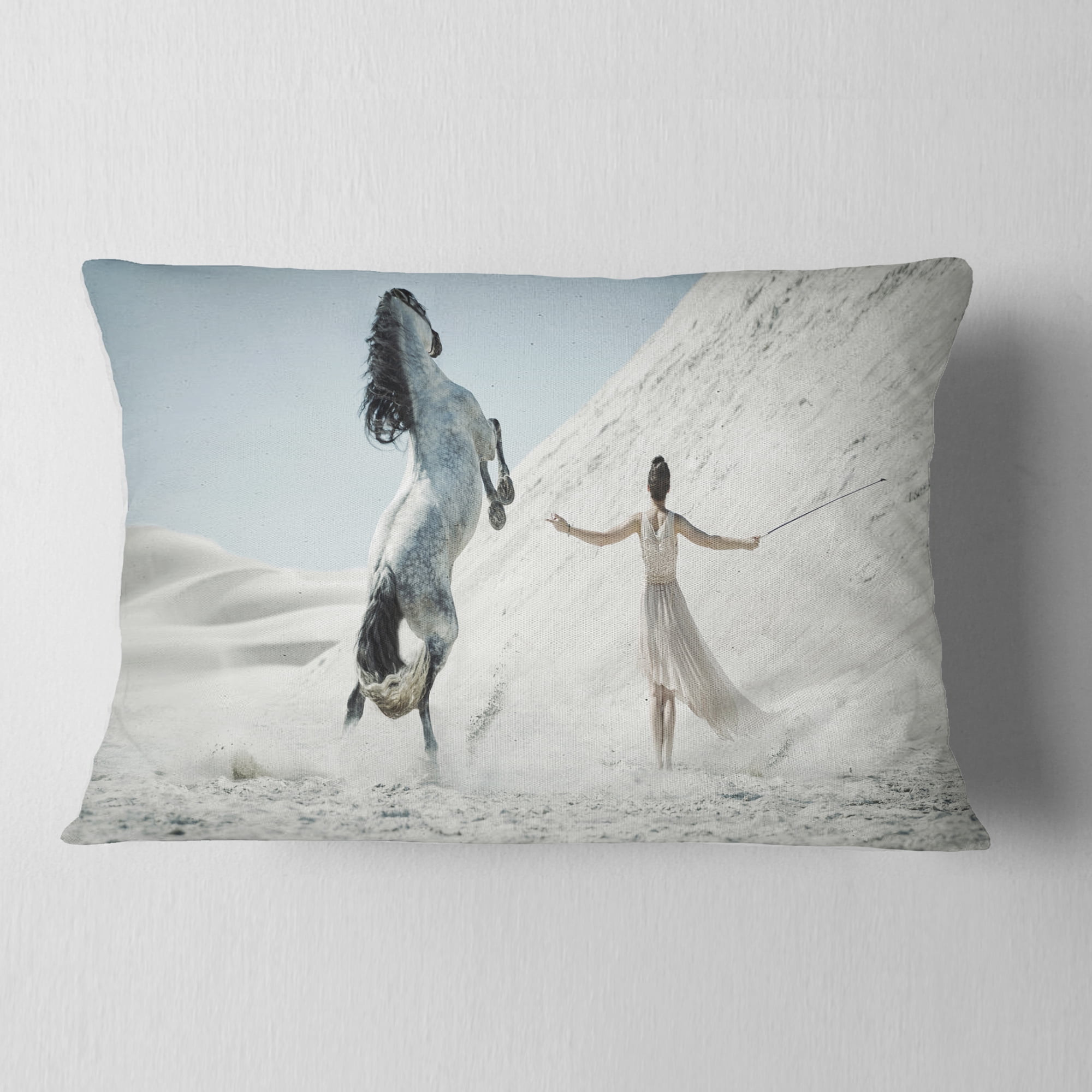 Designart Huge Horse and Lady on Desert - Animal Throw Pillow - 12x20