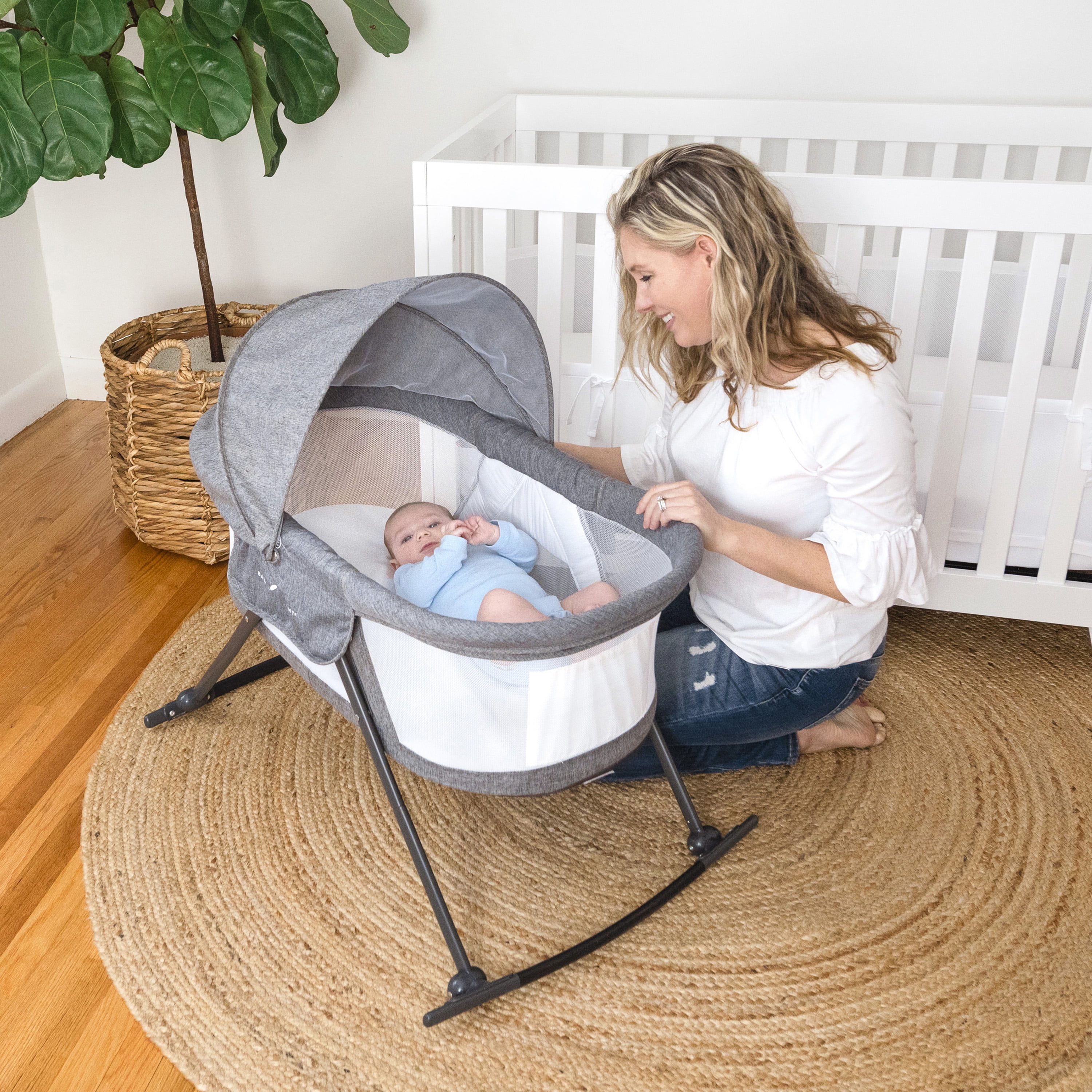 Baby Delight Go with Me Slumber Portable Rocking Infant Bassinet, Removable Canopy, Charcoal Tweed