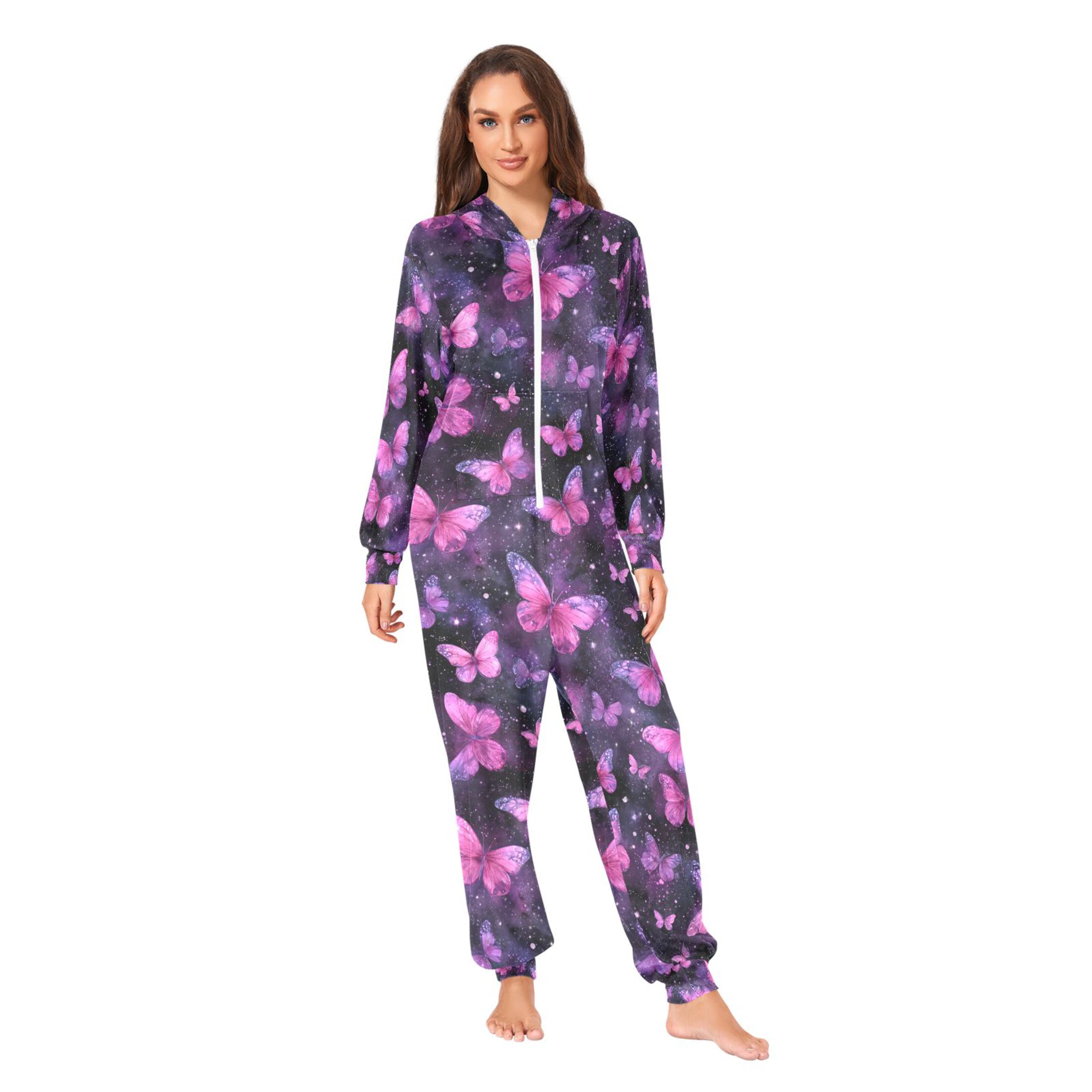 Adult Christmas Onesie Pink Butterfly Adult Zipper One-Piece Pajamas Unisex Pajamas with Pockets