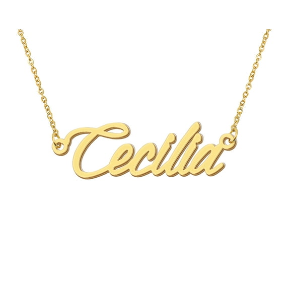 HUAN XUN 18k Gold Plated Cecilia Name Necklace Stainless Steel Nameplate Necklaces for Womens Mens Mother Day Christmas Jewelry Gift