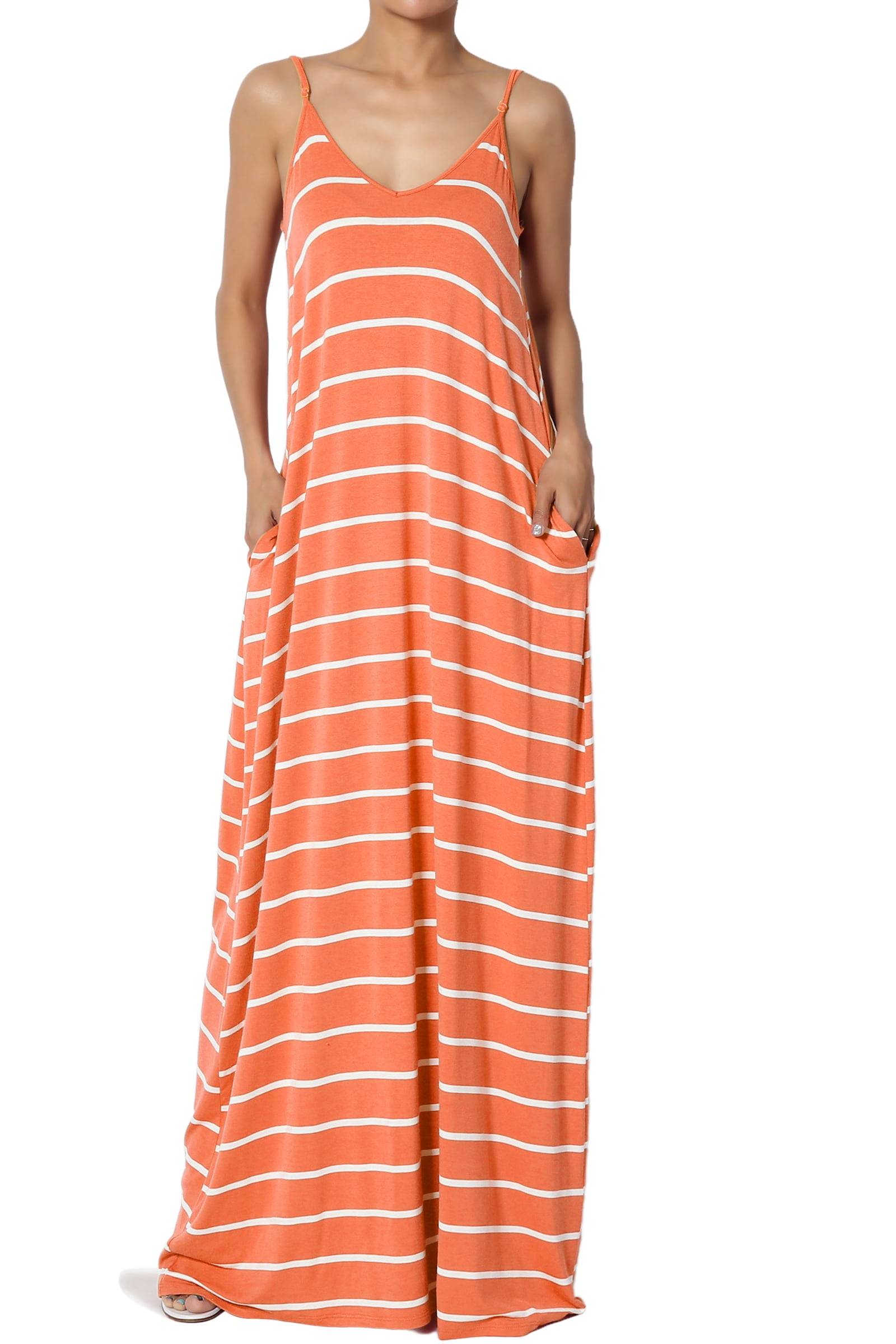 TheMogan Women's S3X Stripe VNeck Draped Jersey Pocket Cami Long Maxi Dress