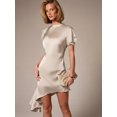thumbnail image 3 of Cream Satin Lace-Trimmed Asymmetric Mini Dress With Short Sleeves For Evening Party Wedding Guest, 3 of 6