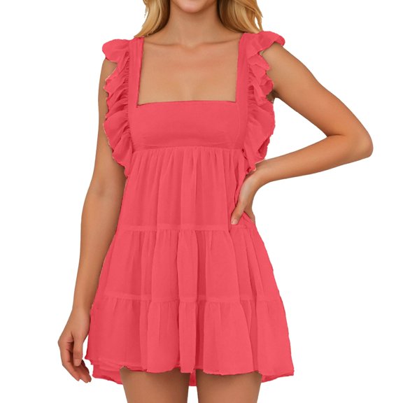 OSOLU Dresses Women Solid Color Square Neck Backless Tied Bow Loose Casual Fly Sleeve Dress Holiday Hawaiian Flowy Sundress