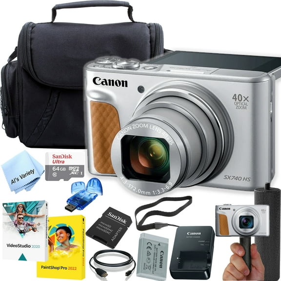 Canon Powershot SX740 HS Digital Camera (Silver) Kit with Accessories: 64GB Memory,Case, Grip, Software, & More (International Version)