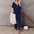 thumbnail image 2 of Waffle Knit Lounge 2 Piece Outfits for Women Summer Fall Casual Button V Neck Top and Wide Leg Flare Pant Sets (S, Dark Blue), 2 of 7