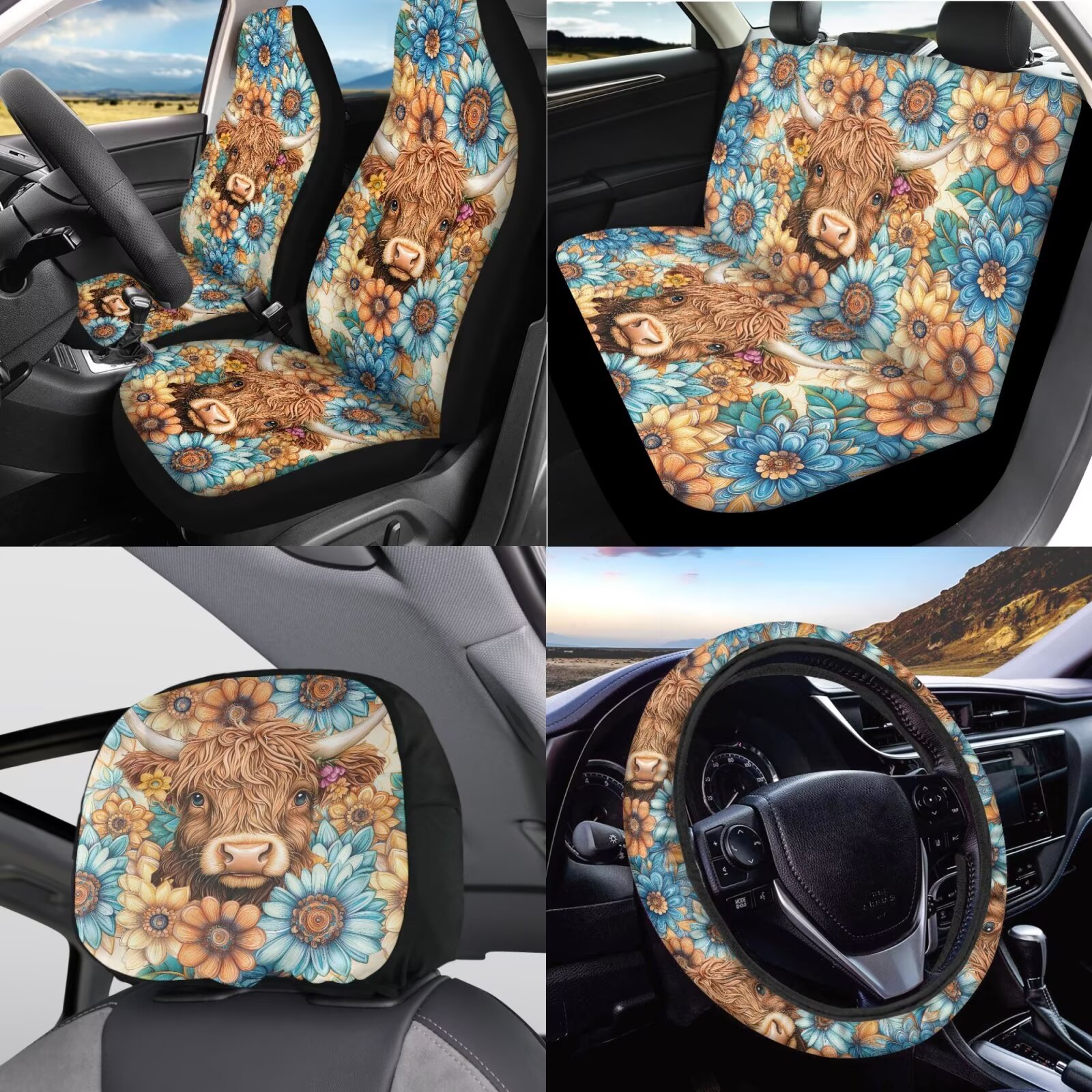 Garronmavis Boho Highland Cow Car Accessories Set with Steering Wheel Wrap Gear Shift Cover Handbrake Sleeve Headrest Protectors Cup Coasters Vehicle Cushion Protectors Interior Accessories