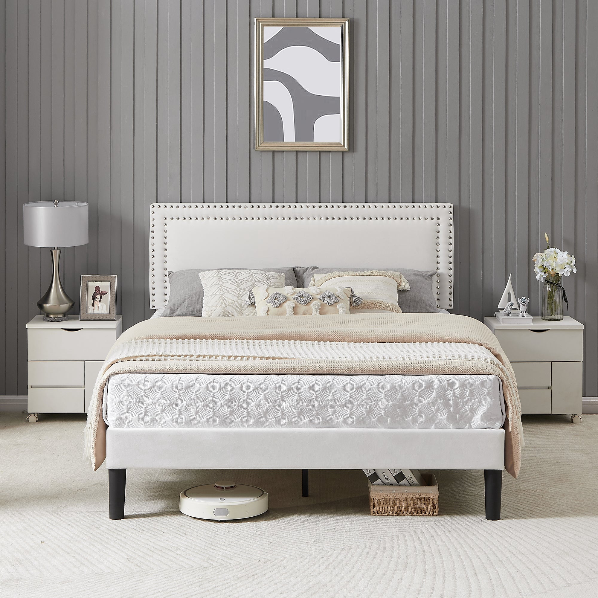 Katkuca Full Bed Frame, Upholstered Queen Size Platform Bed Frame with Adjustable Headboard, Strong Wood Slat Support, No Box Spring Needed, White