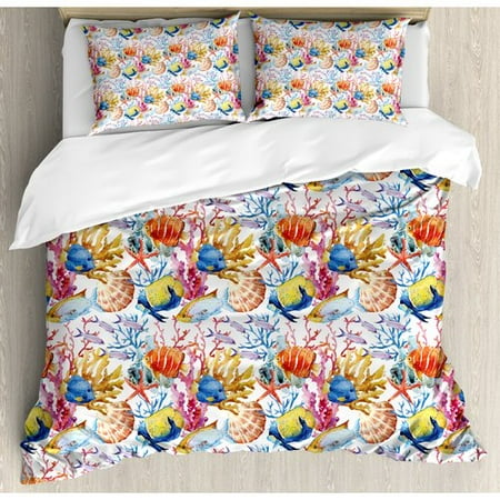 Ambesonne Ocean Animal Coral Reef Scallop Shells Fish Figures Sea