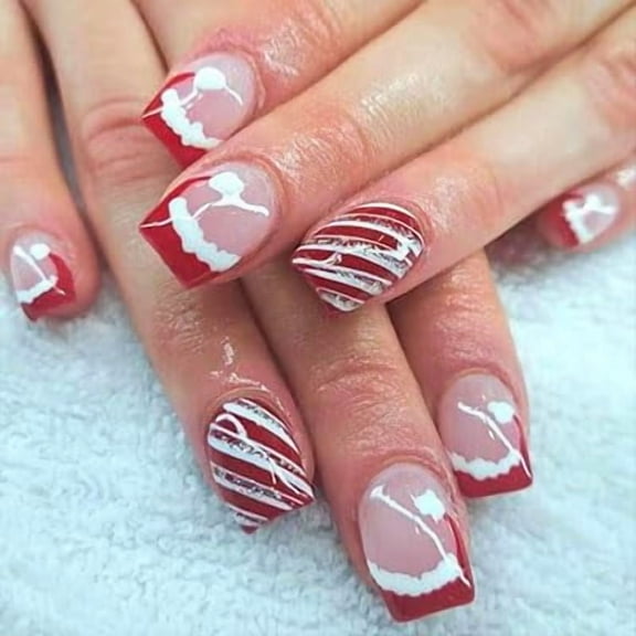 Christmas Press on Nails Short Square Fake Nails with Snowflake Glitter Snowman Design Nails Press ons Red Xmas Full Cover False Nails Glossy Christmas Stick on Nails for Women 24Pcs Red-6 Red Santa