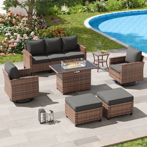 POTEBAN Patio Furniture Set with 44" Fire Pit Table, 7 Pieces Outdoor Sectional Couch, Black Wicker Rattan Conversation Sofa with Swivel Chair for Garden Backyard Deck, Dark Grey