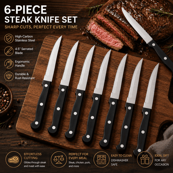 PLERISE 6-Piece Steak Knife Set, Stainless Steel Blades for Cutting, Black