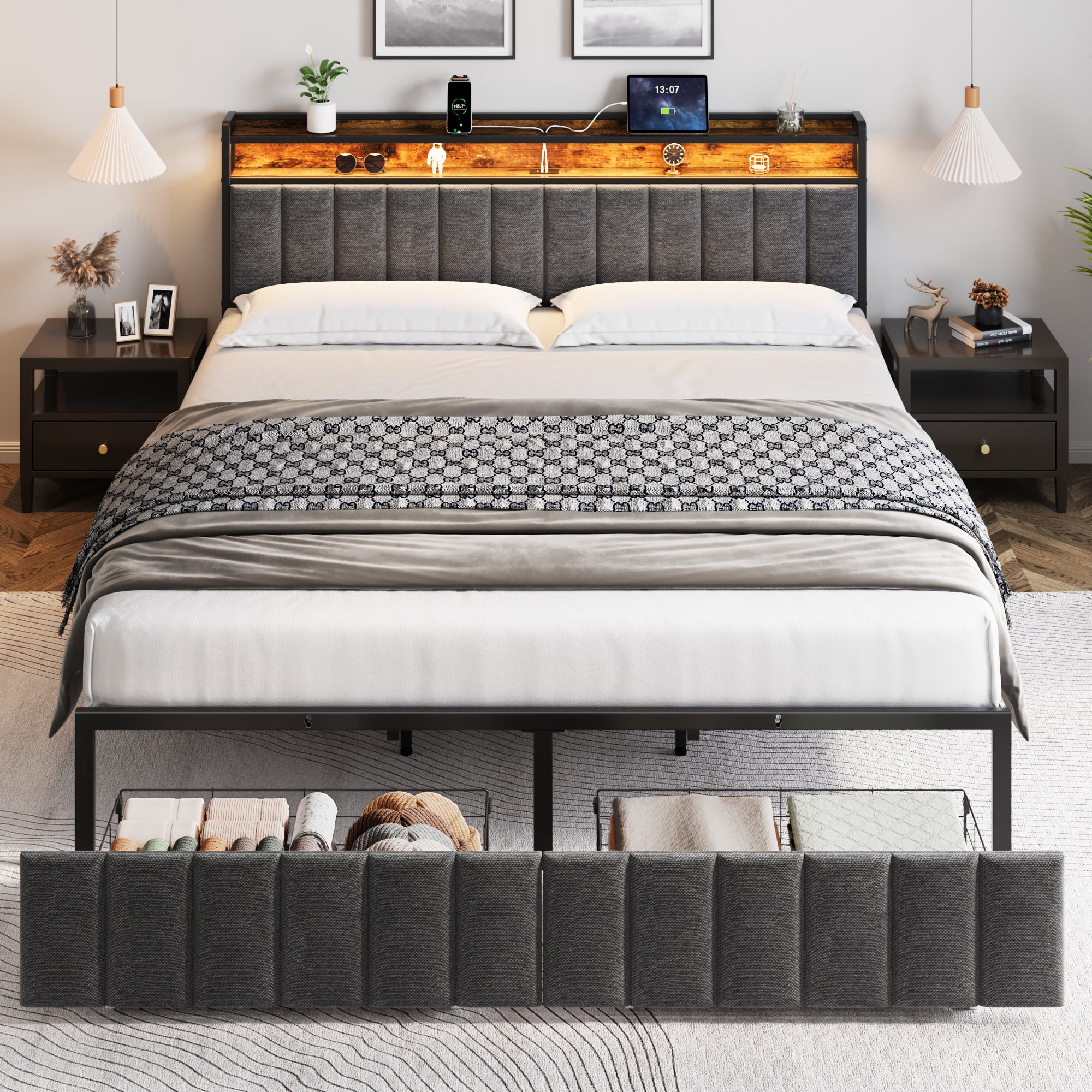 King Bed Frame with Storage, Upholstered Bed Frame with LED Lights Headboard and 2 Drawers, King Size Bed with Charging Station, Noise-Free, No Box Spring Needed, Easy Assembly, Grey