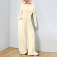 thumbnail image 6 of Two Piece Set for Women, Long Sleeve Off Shoulder Top with Pleated Detail and Wide Leg Pants, Casual Matching Loungewear Set, Soft Rayon Blend Outfit for Travel, Lounge and Daily Wear Beige, 6 of 9