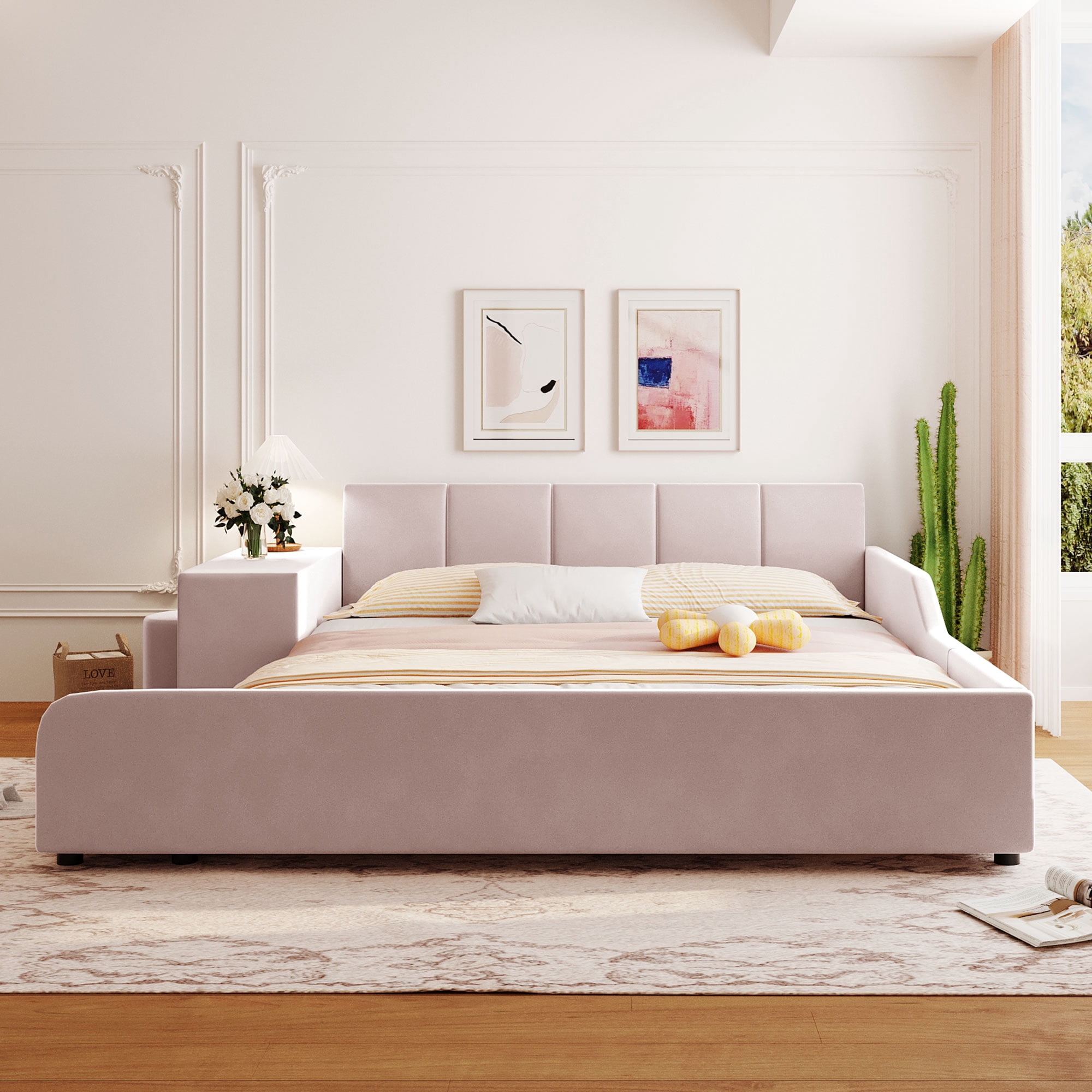 Aukfa Queen Size Velvet Upholstered Mother & Child Bed Frame, Grounded Platform Bed with Bedside Desk & Round Stool, Floor Bed for Kids & Adults Bedroom, Pink