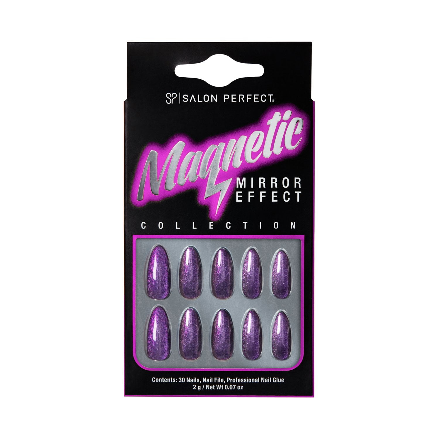 Salon Perfect Artificial Press On Nails, 196 Purple Magnetic Aura Cat Eye Effect Long Almond Glue On Fake Nails, File & Nail Glue Included, 30 Pieces