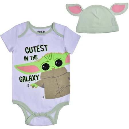 

Star Wars Short Sleeve Onesie with Cap Mandalorian Baby Yoda Bodysuit Romper Set Size 6M White