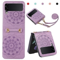 Dteck Case For Samsung Galaxy Z Flip 3 5G Shockproof Embossed Mandala Pattern Women's Wallet Case with Card Holder Detachable Shoulder Strap, Purple