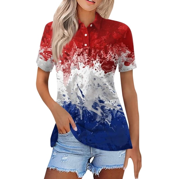Blusas para las Mujeres Casual Cómodo de Manga Corta Cuello de Vuelta Botón con Impresión Del Día de la Independencia