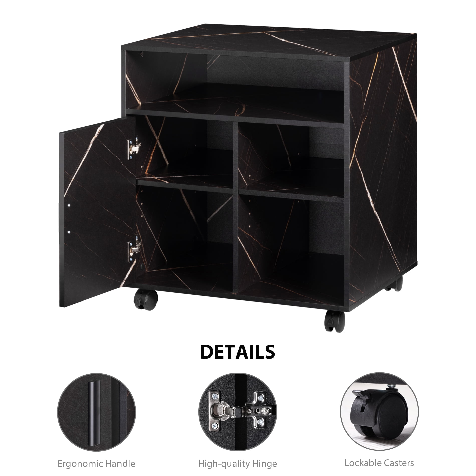 FITUEYES Large File Cabinet with Storage Adjustable Shelves, Wood Mobile Cart with Door, Rolling Printer Stand on Wheels for Home Office, Stone Black