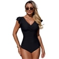thumbnail image 2 of Minjewel Women's Slimming One-Piece Swimsuit with Ruched Tummy Control, Solid Color Bathing Suit with Triangle Liner, High Waist Swimwear for Women,Black,2XL, 2 of 7