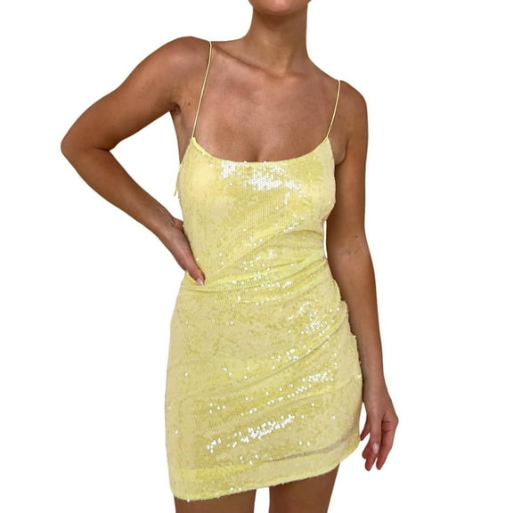 Wdgfv Sparkly Sequin Short Homecoming Dresses for Teens Spaghetti Straps Tight Mini Party Gowns Yellow L