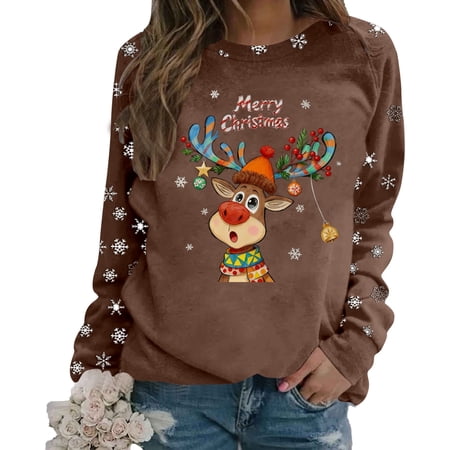 FYEGRE Women s Autumn Cotton Christmas Sweatshirt Large Size – Christmas Sweatshirt without Hood Round Neck Oversized Sweater Winter Sweatshirt Printed with Pattern Brown S