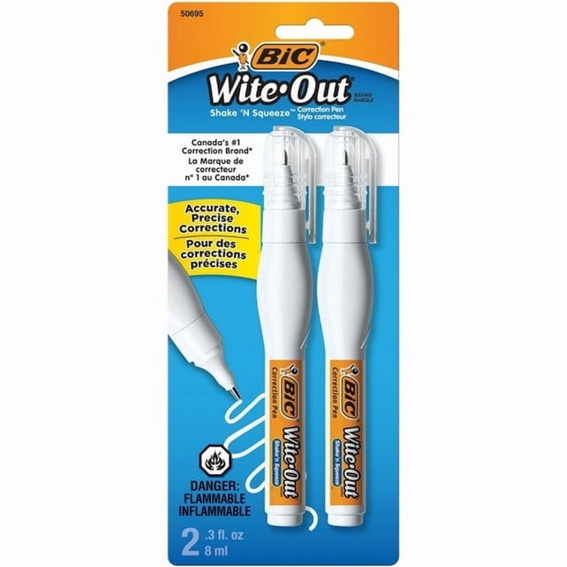 BIC Wite-Out Brand Shake 'n Squeeze Correction Pen, 8 ML Correction Fluid, 2-Count Pack of White Correction Pens, Fast, Clean and Easy to Use Pen Office or School Supplies, Pack of 2