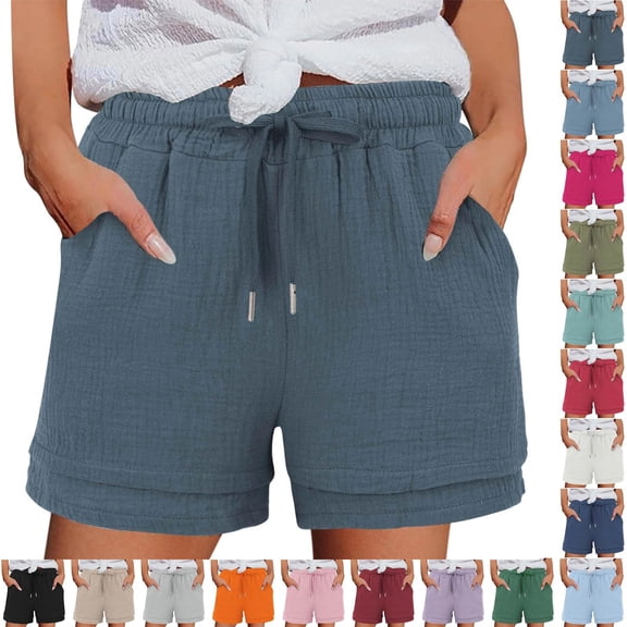 2026 Trendy Linen Shorts for Women Drawstring Elastic High Waist Gauze Pants Dressy Summer Bermuda Shorts with Pockets, #03 Dark Gray, L