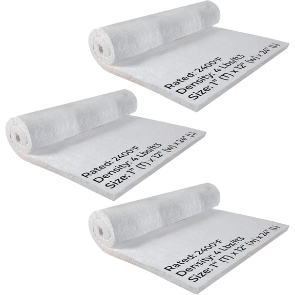 Ceramic Fiber Insulation Blanket, 4# Density 2400F, 1" x 12"x 24” Fireproof Baffle Blanket for Fireplace, Forge - Pack of 3