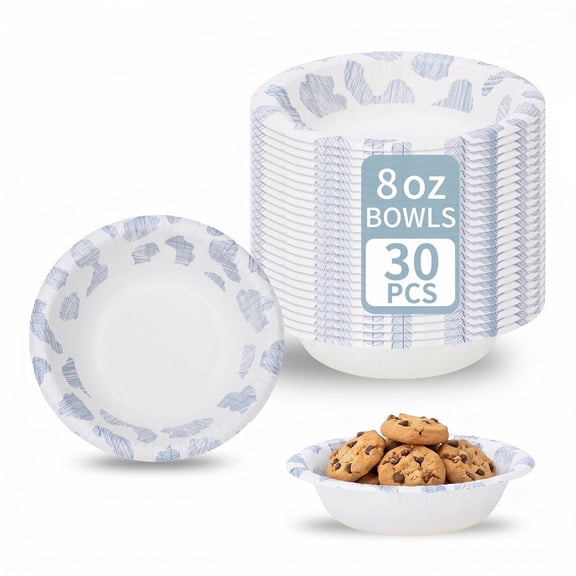 DTFMZOV Disposable Paper Bowls 8 oz, 30 Count Blue Bowls, Soak Proof, Microwave-Safe Bowls, 5.5 inch Round Bowls for Home, Camping, Birthday Party Supplies