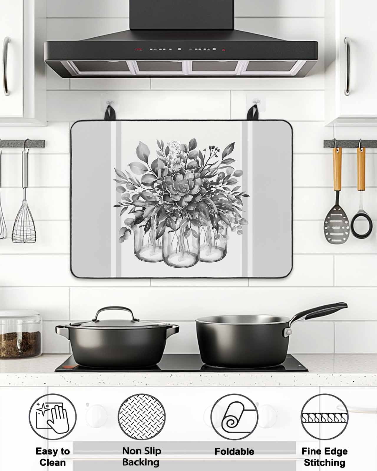 Stove Top Covers for Electric Stove, Eucalyptus Gray Glass Stovetop Cover Protector, Stripes Bottle Flower Cactus Plant Induction Cooktop Protector Oven Mat for Kitchen Countertop 24"x21"