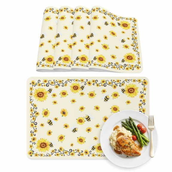 Placemats Set of 4, Farmhouse Sunflower Bee Floral Placemat Waterproof Oil-Proof Wipeable Table Mats 12x18in, Wild Flower on Yellow Washable Place Mats for Kitchen Dining Table Party Outdoor