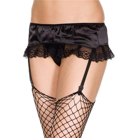 

Music Legs 7723-BLACK Satin & Lace Garterbelt Skirt with Attached G-String Black