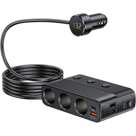 Car Cigarette Lighter Splitter, 3 Socket Car Charger with PD/QC 3.0 Charging Ports, 3 USB 128W 12V/24V Independent Switches Car Splitter Adapter with LED Voltage Display (3.3FT Cable)