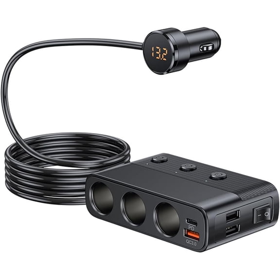 Car Cigarette Lighter Splitter, 3 Socket Car Charger with PD/QC 3.0 Charging Ports, 3 USB 128W 12V/24V Independent Switches Car Splitter Adapter with LED Voltage Display (3.3FT Cable)