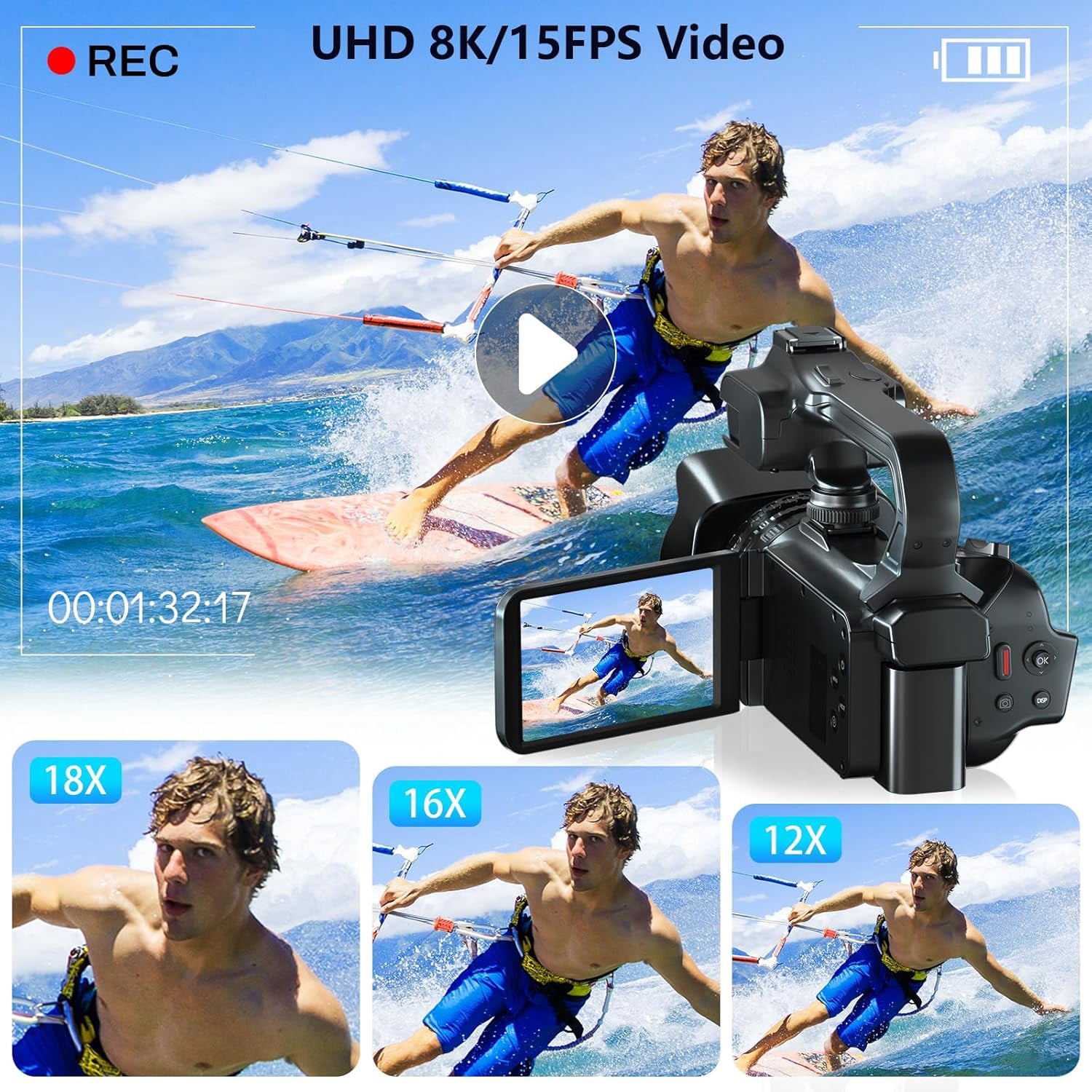 Acuvar 6K Video Camera Camcorder, 64MP 60FPS Vlogging Camera for YouTube, 4.0 Inch Touchscreen Video Recorder, HD WiFi Video Camera with 4500mAh Battery, 64G SD Card, Stabilizer, Mic, 100 LED Light