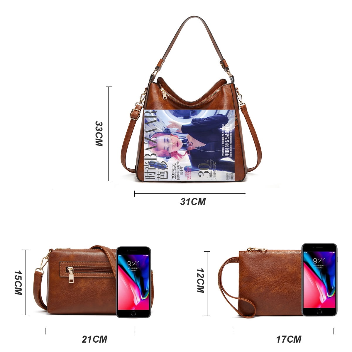 Sendfen Women's Leather Hobo Bag with Wristlets Crossbody bag, Brown, 3-Piece