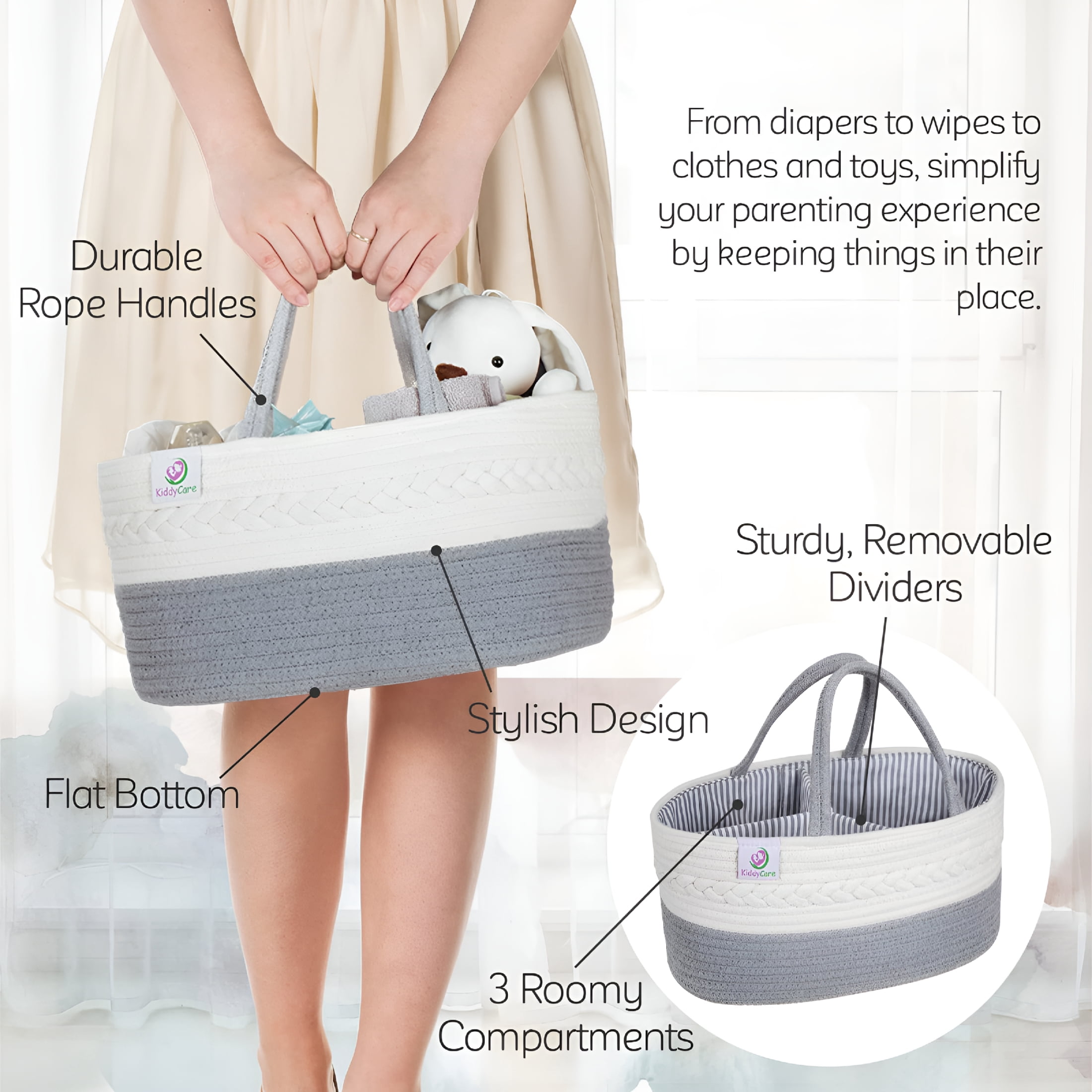 XIBUFE Woven Diaper Caddy Basket with Handle Lid,Diaper Caddy Basket with Dividers for Baby Nursery,Baby Gift,Gray,Large