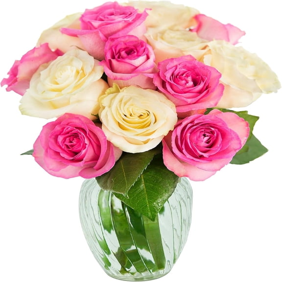 KaBloom : Bouquet of 12 Pink and White Roses with Vase, Next-Day Delivery, Gift for Every Occasion