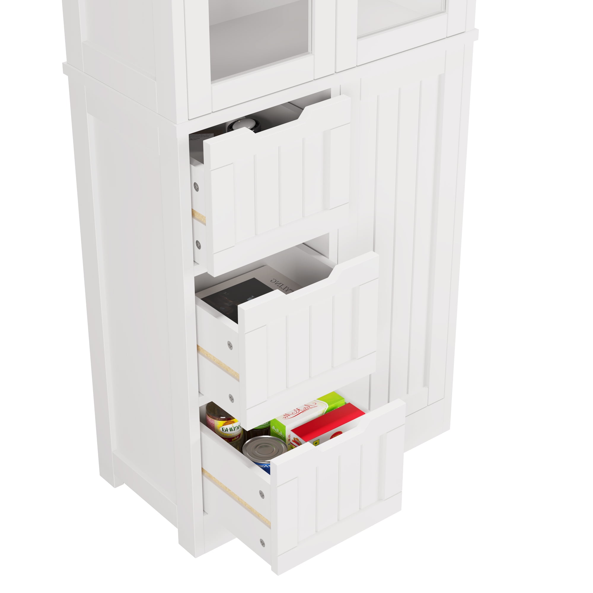 Ktaxon Kitchen Pantry Cabinet Wooden w/ 4 Drawers & 3 Doors Glass Doors, MDF Freestanding for Entryway Bathroom Living Room, White